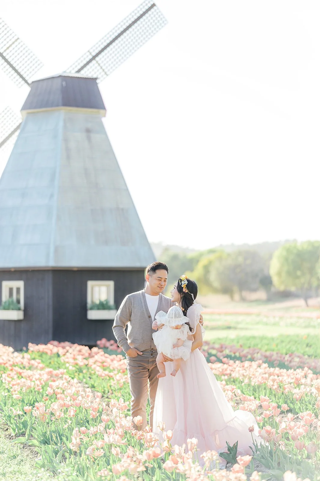 Tulip family photos of parents holding their baby while standing in a blooming tulip field with a windmill in the background during spring.