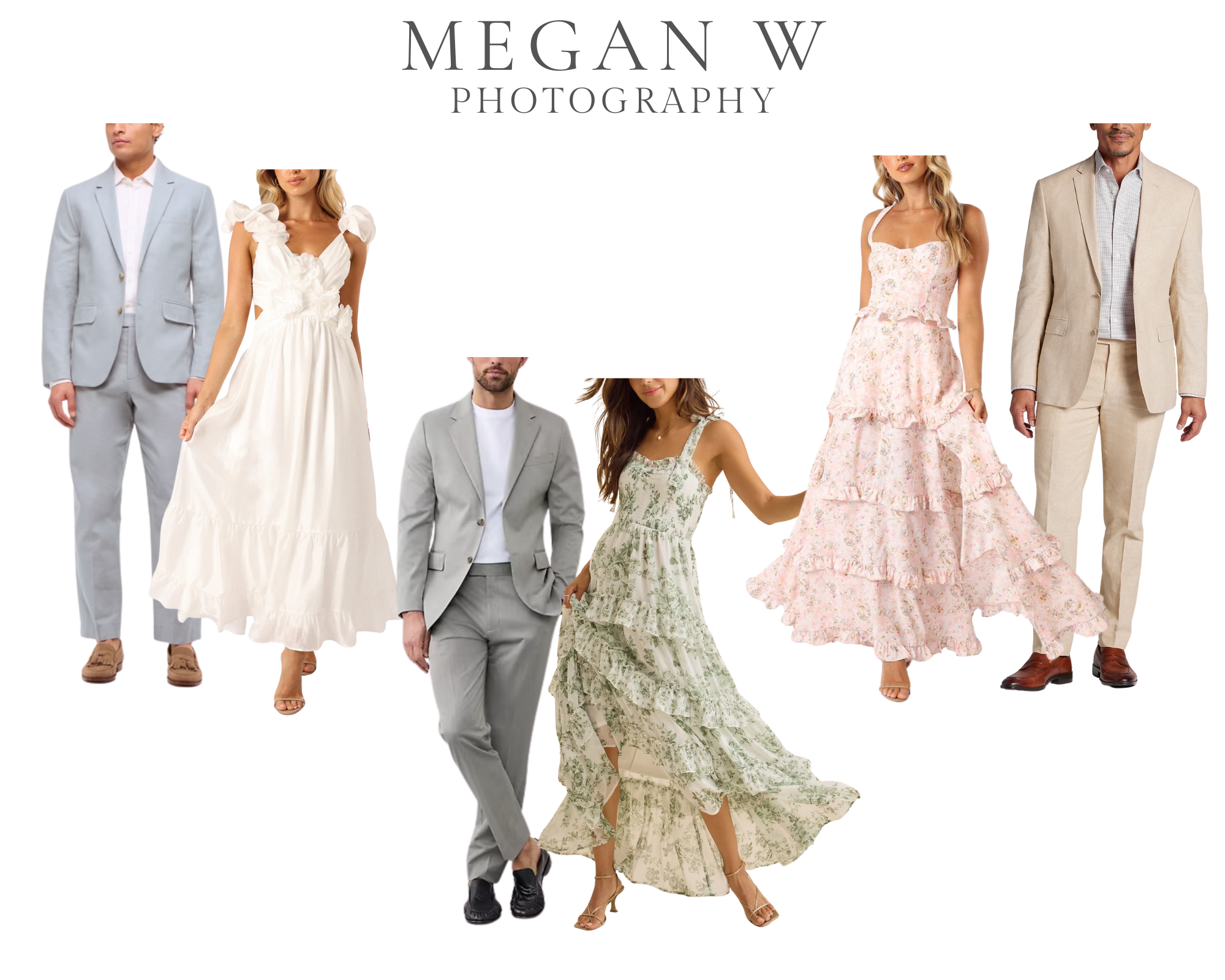 Outfit inspiration collage showing neutral suits and flowy pastel dresses for couples, demonstrating what to wear for cherry blossom photos in soft spring color palettes.