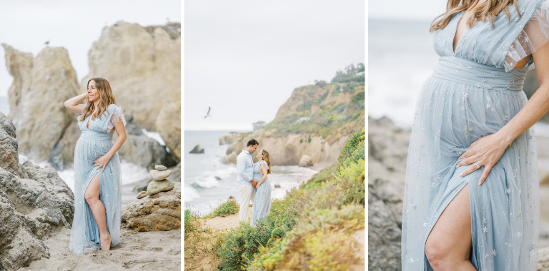 Collage of Summer Maternity Photos featuring an expecting mother and couple on a coastal cliffside and beach in soft blue maternity outfits overlooking the ocean.