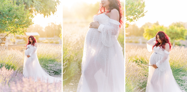 Collage of Summer Maternity Photos featuring an expecting mother with red hair in a flowing white gown posing in a lavender field during golden hour.