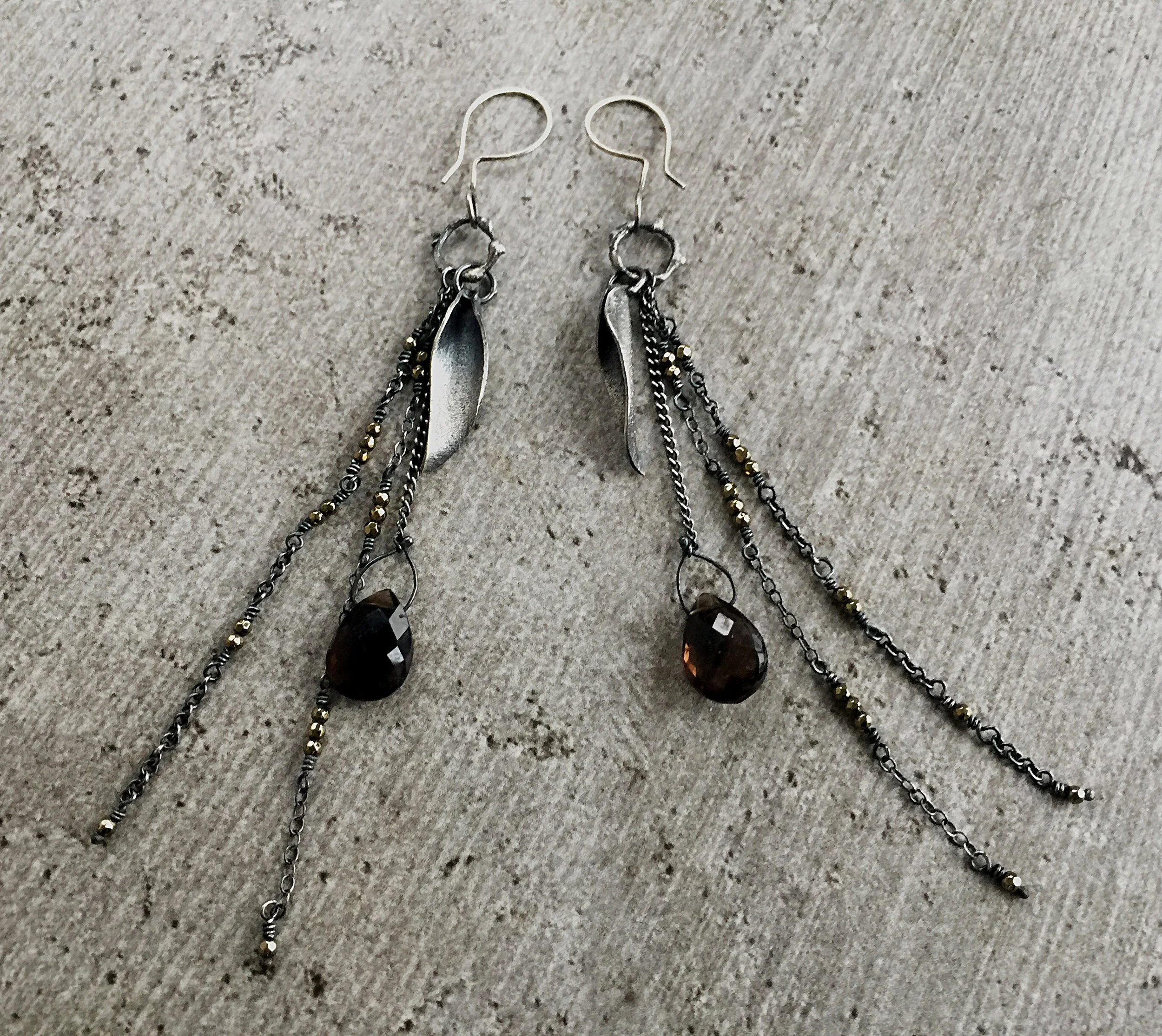  Fall earrings: shaky quartz band pyrite with hand forged leaves 
