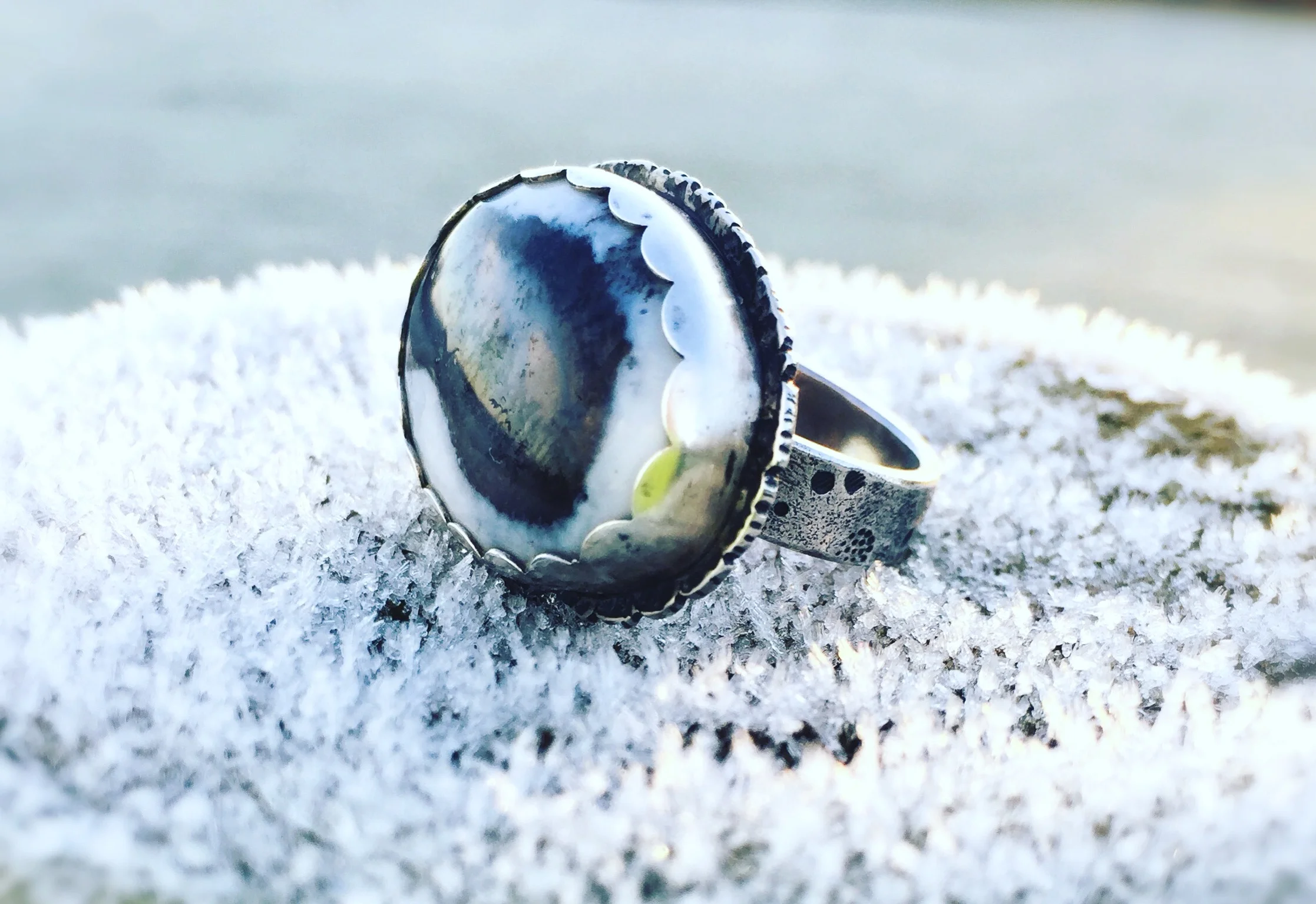 Winters Tale Ring: textured sterling silver and dendritic opal ring