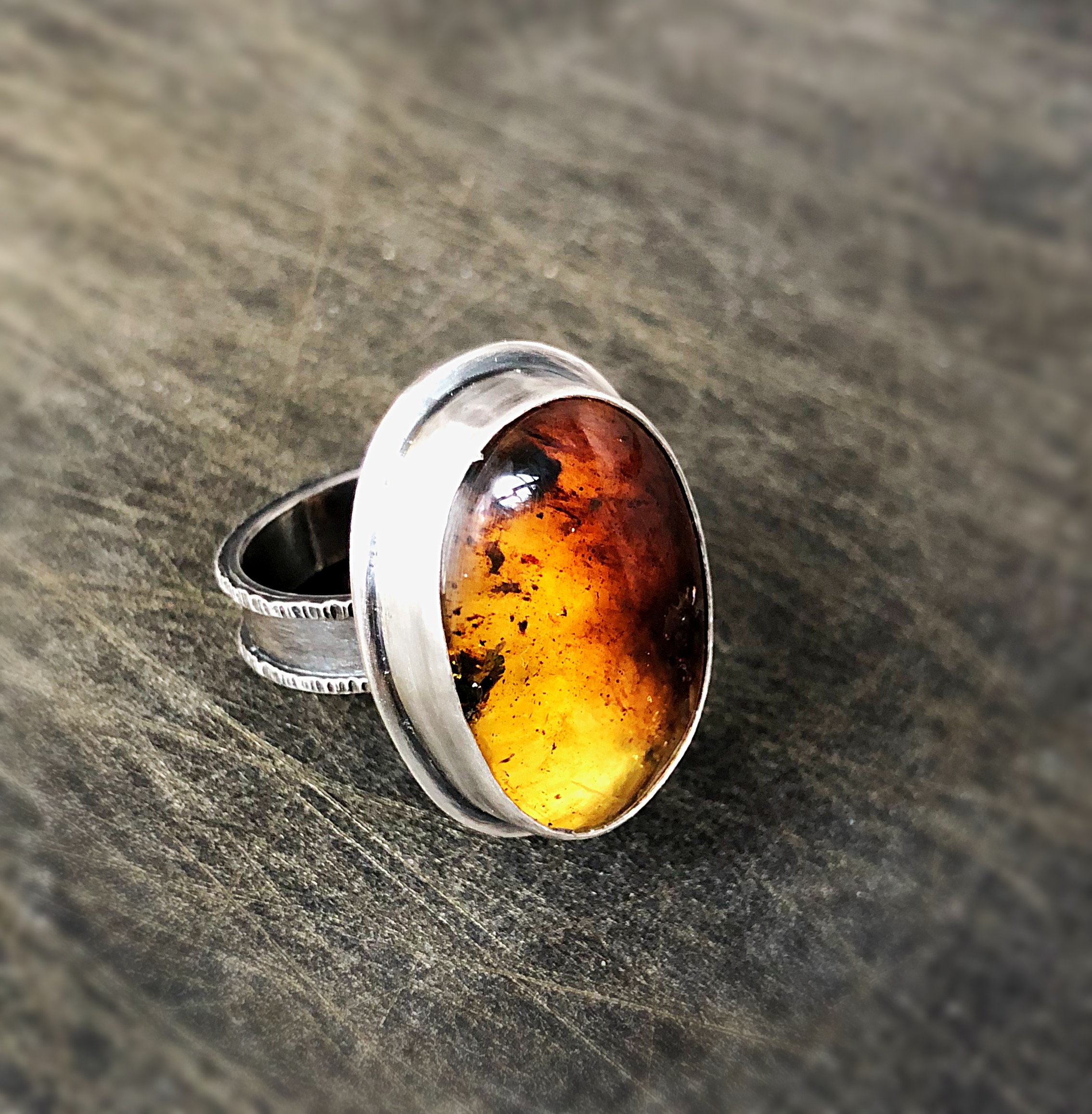 Amber and sterling silver ring