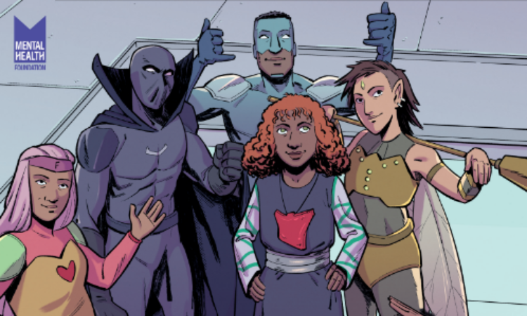 Image of 5 comic book characters dressed as superheroes.