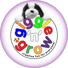 Circular logo featuring a cheerful black and white dog above colourful playful letters, with “creative fun for everyone!”
