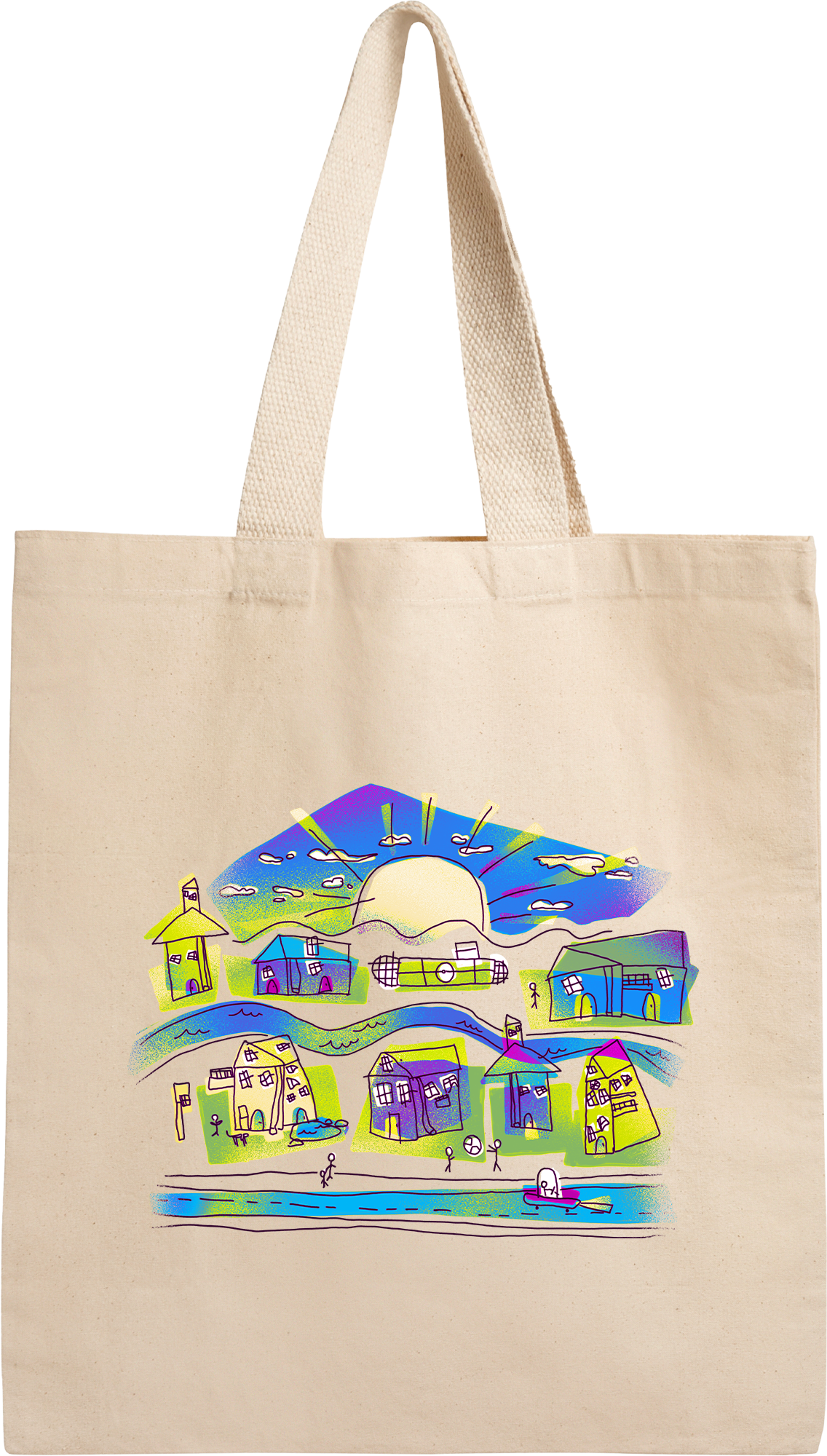"Our Neighborhood"
Digital
This is a cleaned-up version of a drawing my younger brother made of our family's neighborhood. It was printed on T-shirts and totes. This piece inspired a deluge of orders from local families looking to immortalize their c