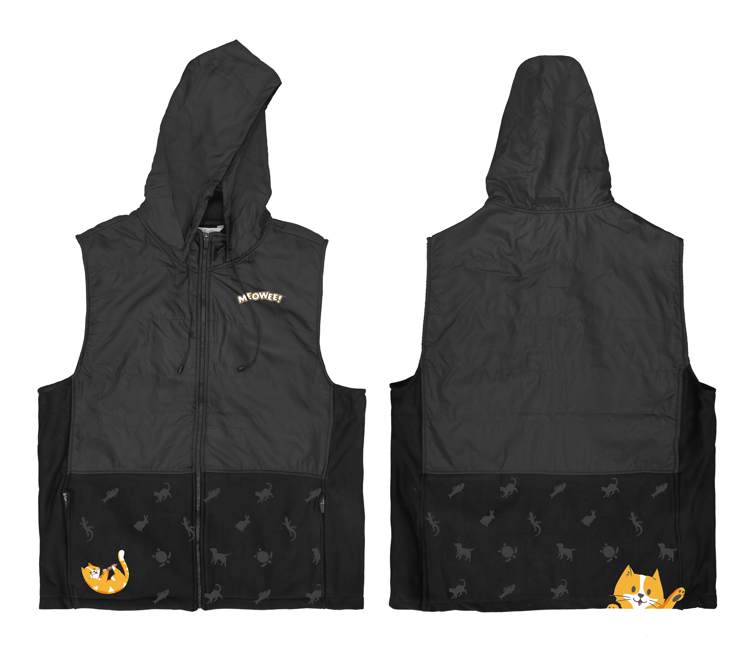 Vest uniforms for Meowee, featuring a low-key pattern of their prominent cat treat flavors and playful doodles of their new mascot.