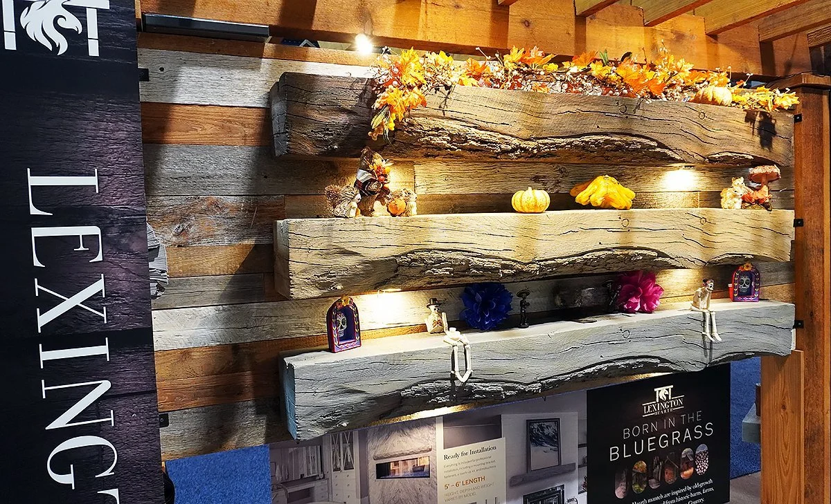 Lexington Hearth Bluegrass Collection mantels displayed at a local dealer showroom.