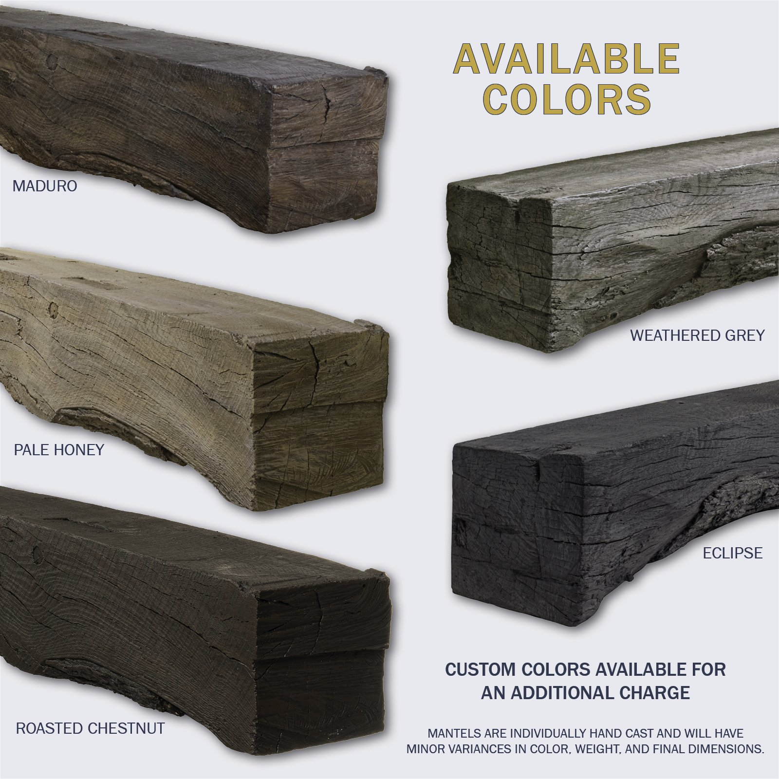 The rickhouse rustic mantel comes standard in 5 colors and can be customized for a more exact color match