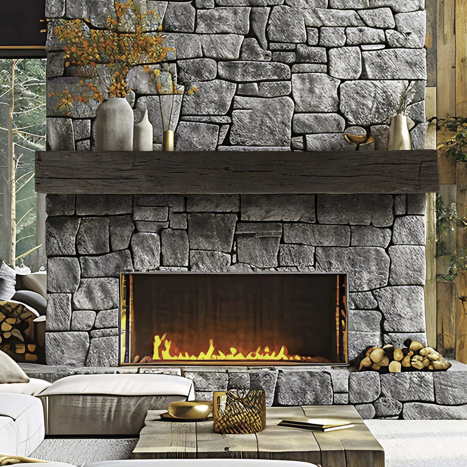 Tobacco Barn Rustic Mantel shown in Maduro over fireplace