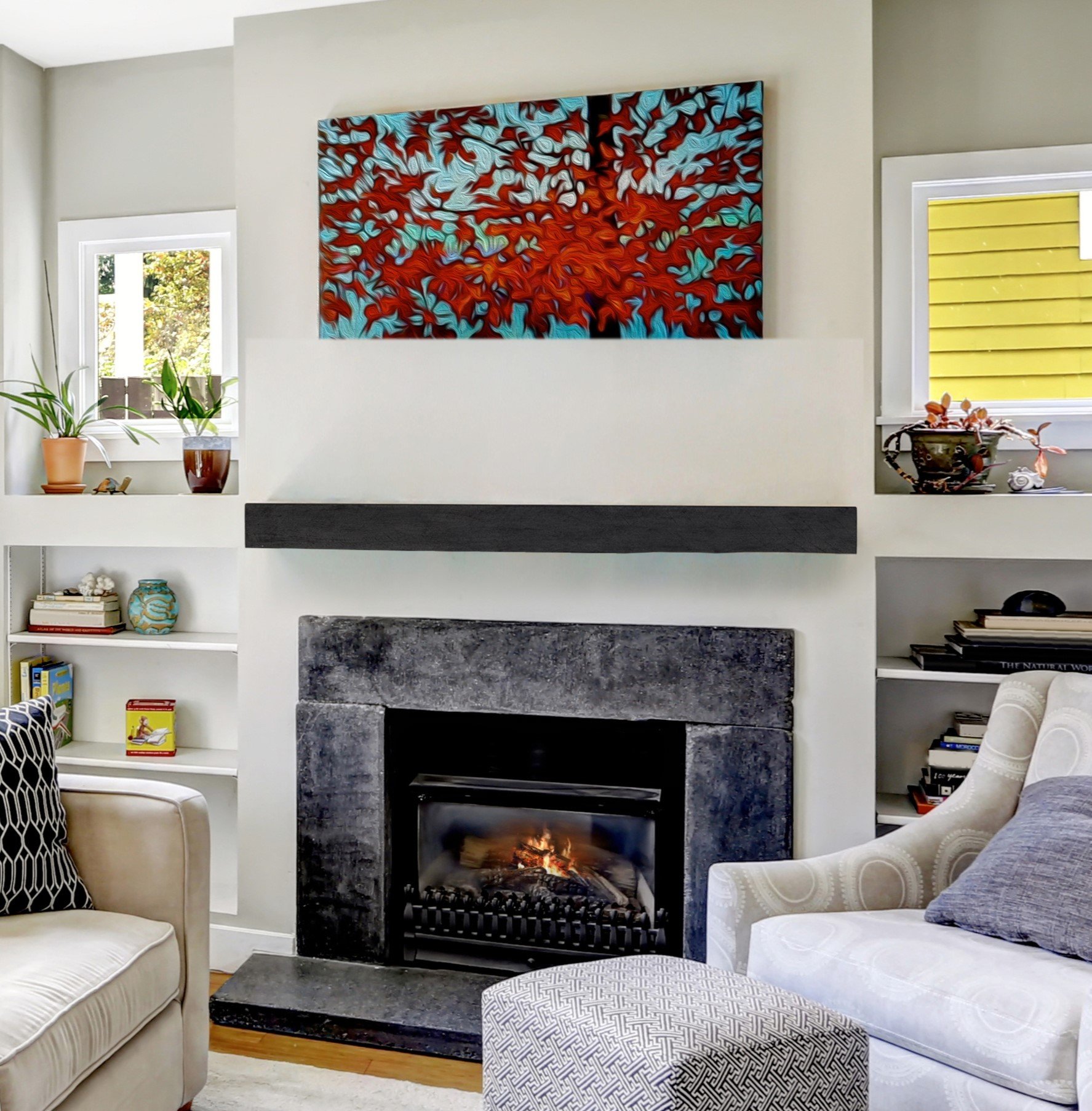 Flat Sawn Beam rustic mantel shown in Weathered Grey. An easy to install and non combustible rustic Mantel