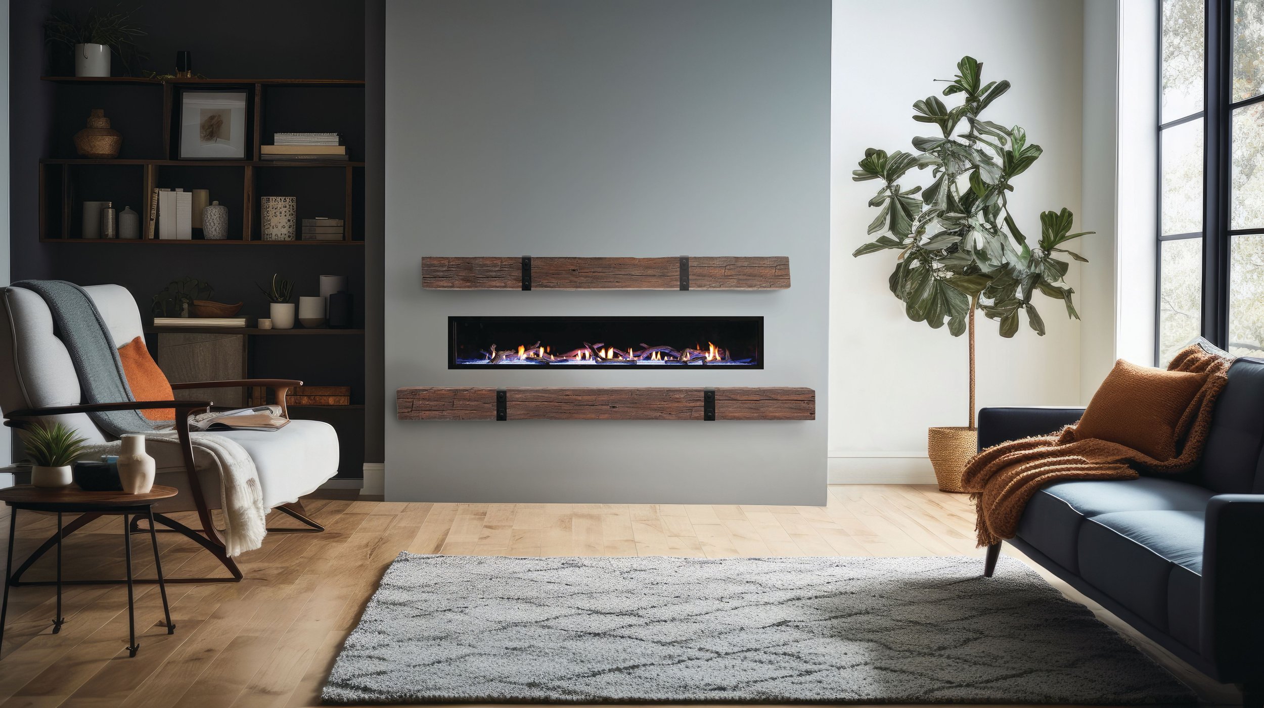 The Hayloft Floating Hearth and Rustic Mantel Kit shown in Pale Honey