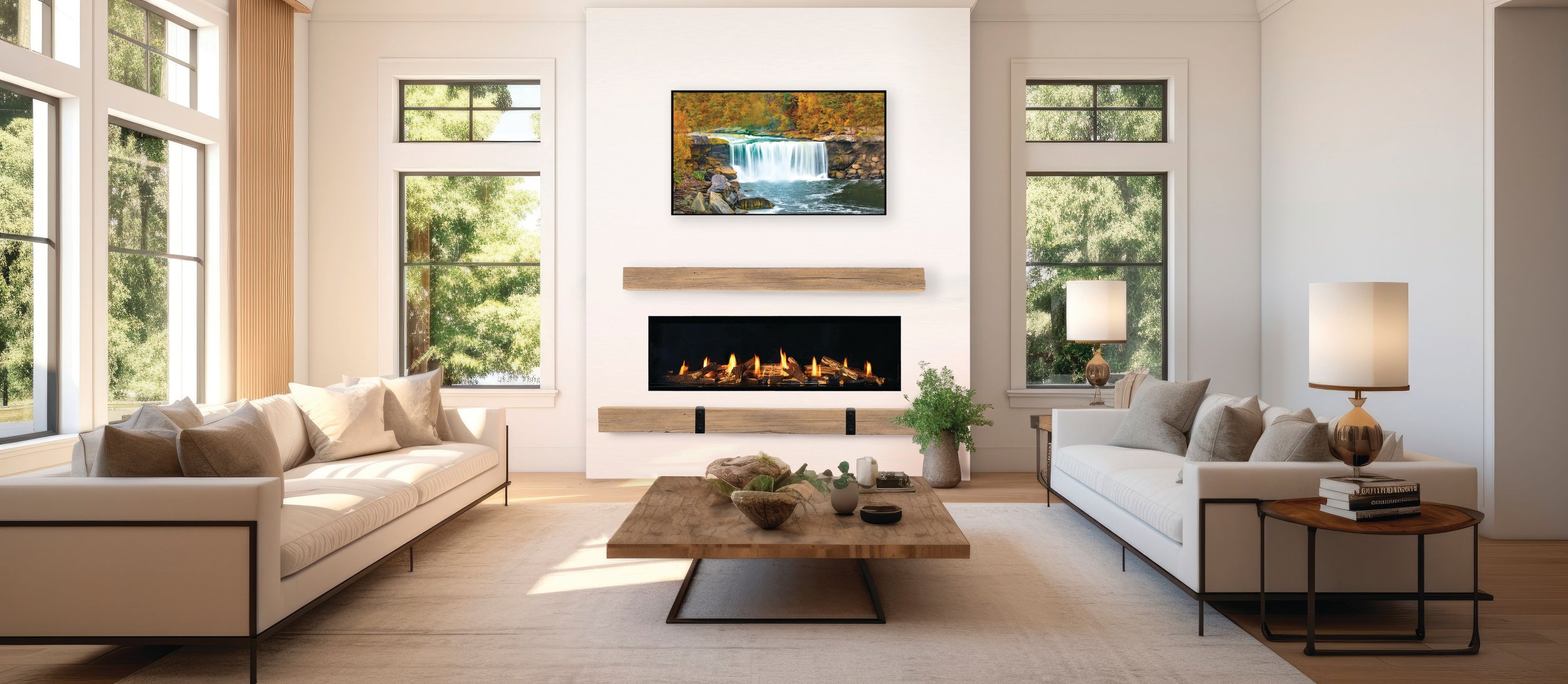 The Grist Mill Floating Hearth and Rustic Mantel kit shown in Pale Honey