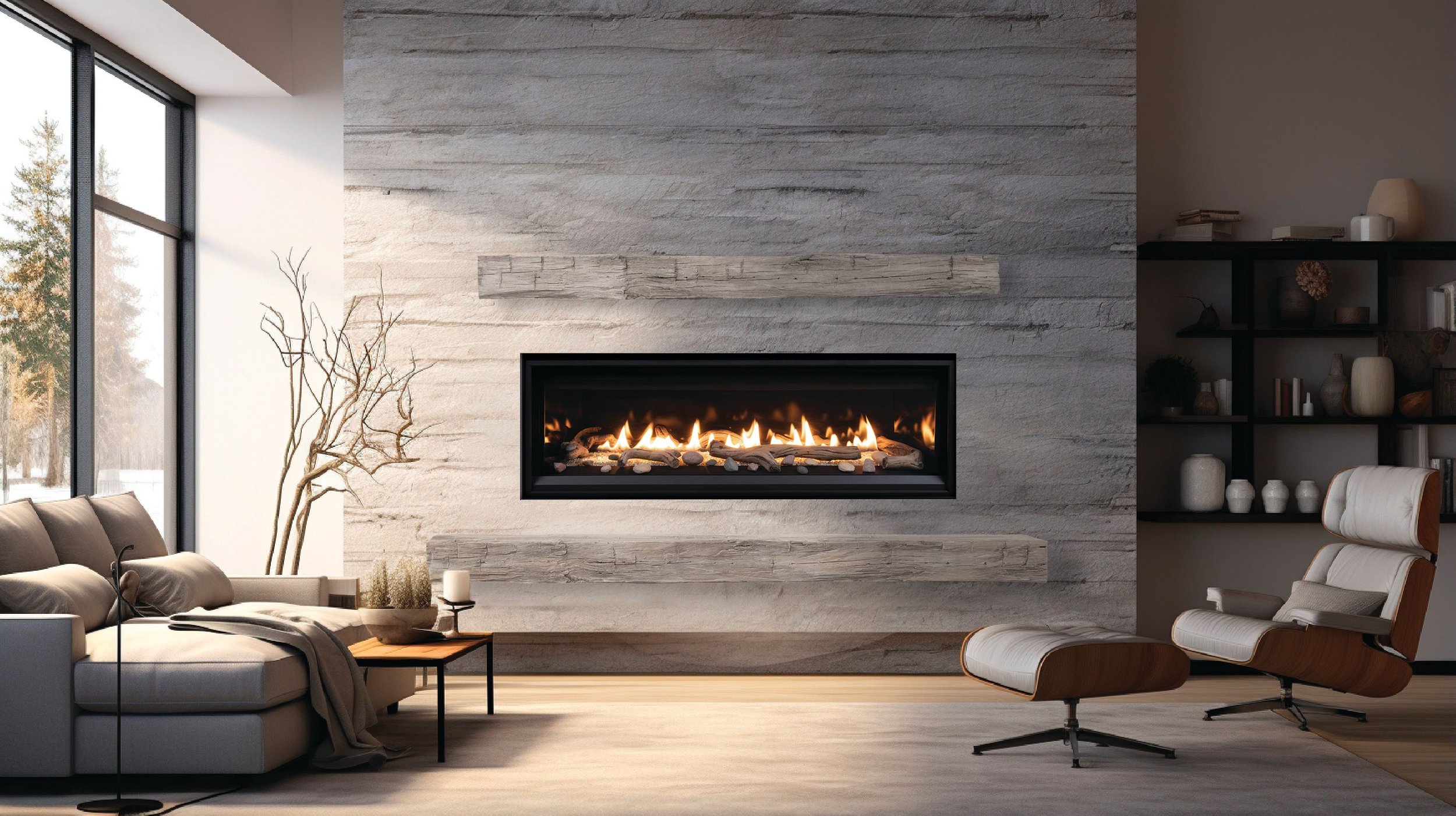 The Hayloft Floating Hearth and Rustic Mantel Kit shown in Weathered Grey