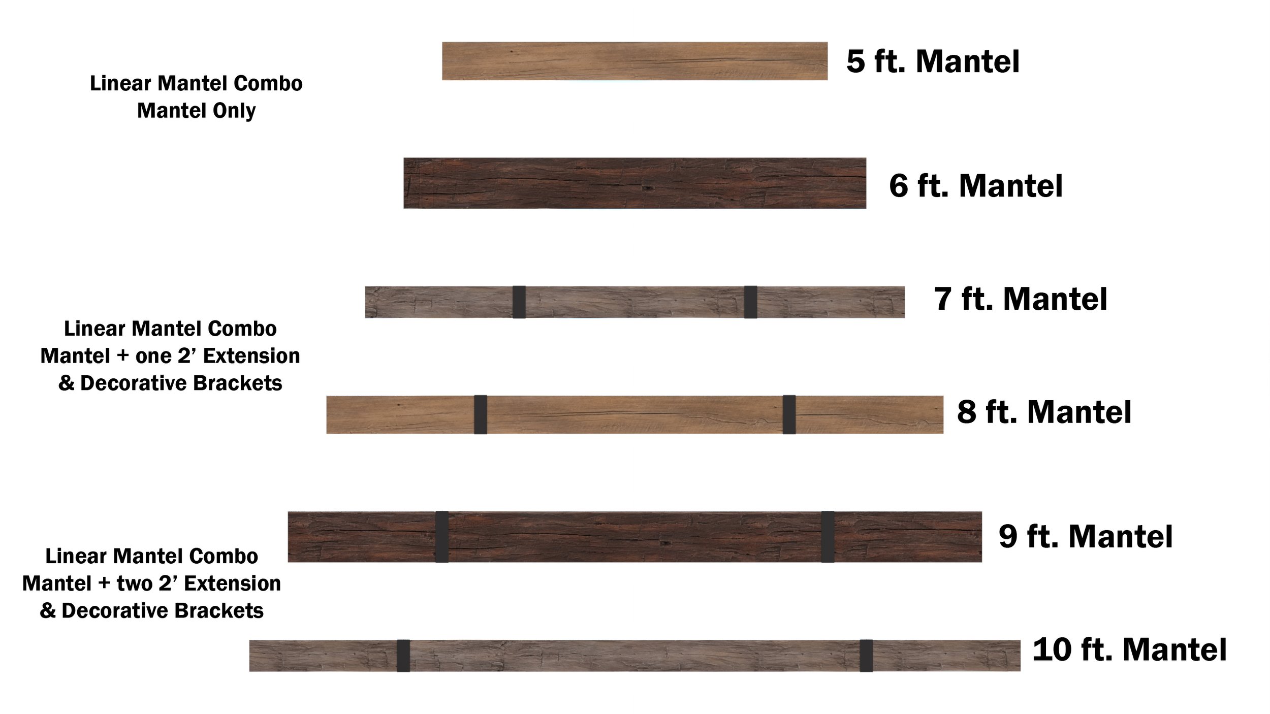 Recommended size chart for the grist Mill Rustic floating hearth and mantel kits