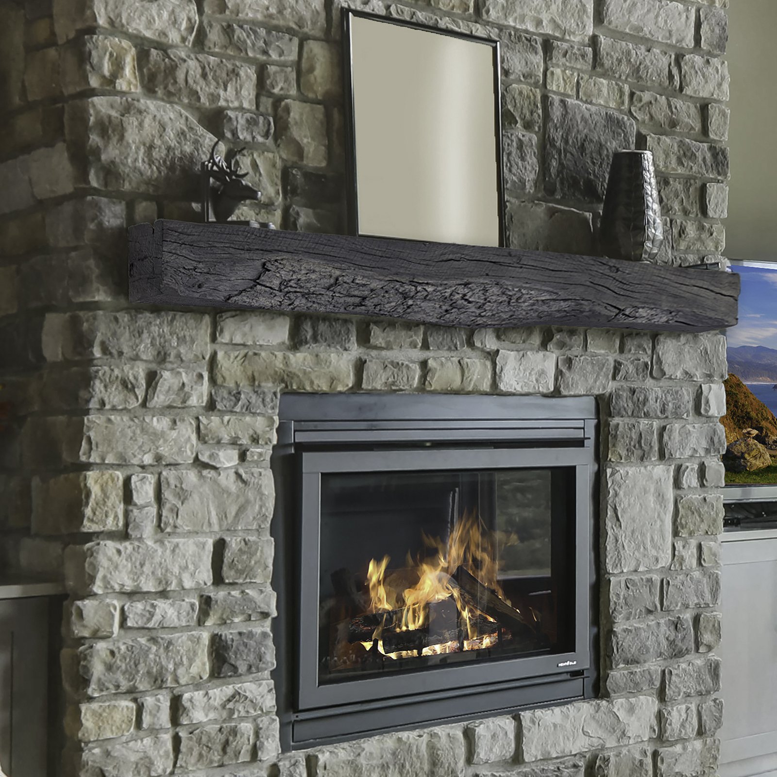 The rickhouse barnwood mantel is noncombustible and easy to install Shown in Eclipse Black
