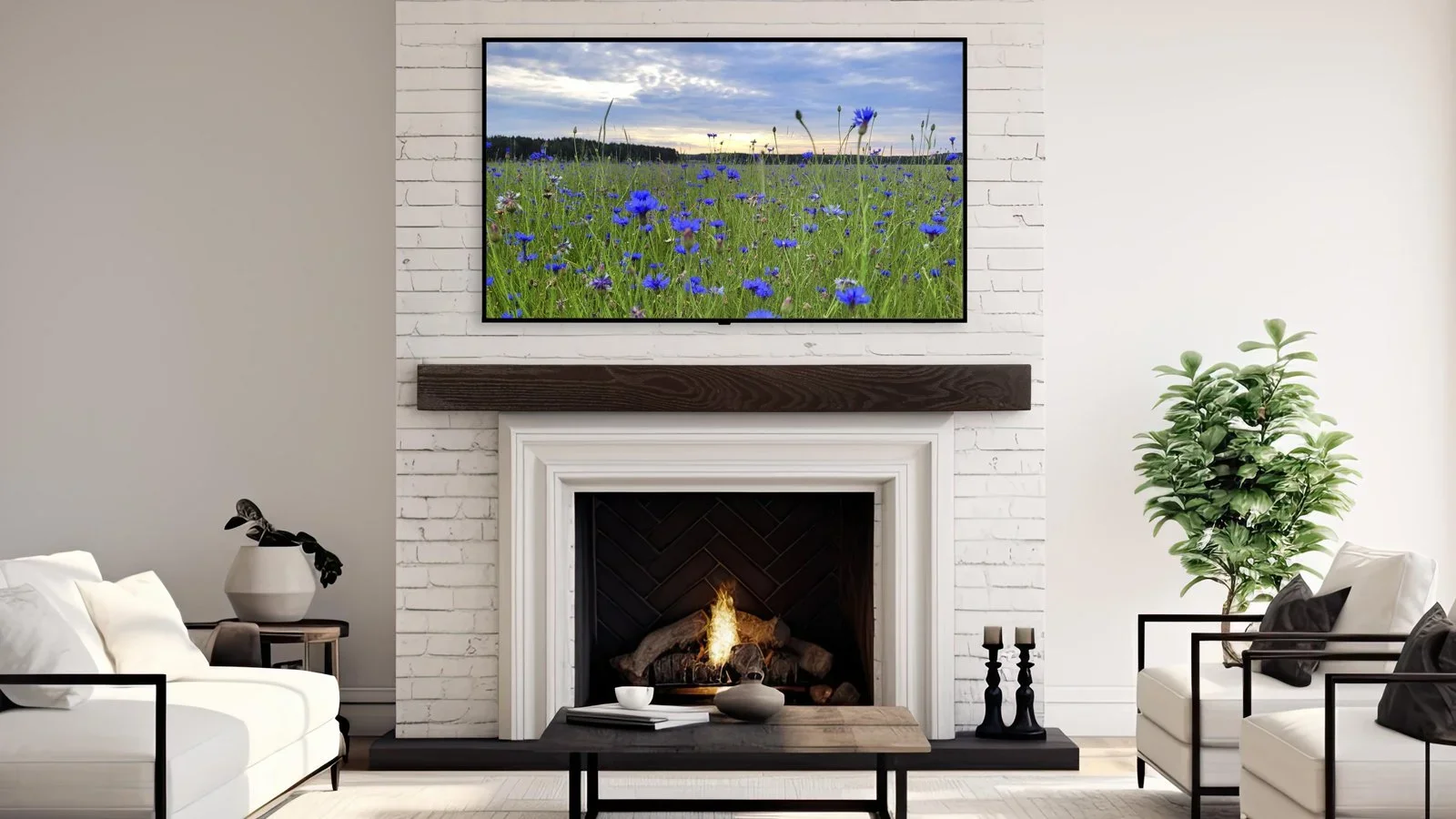 Noncombustible Architect Series fireplace mantel installed close to a gas fireplace opening with TV mounted above