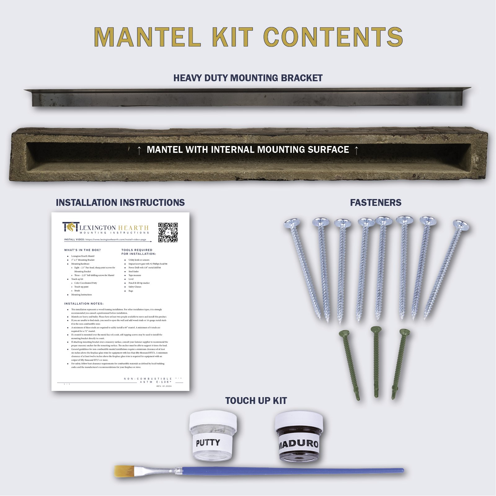 Each Hayloft beam mantel comes with a a mounting bracket and fasteners, installation instructions, and a touch up paint kit