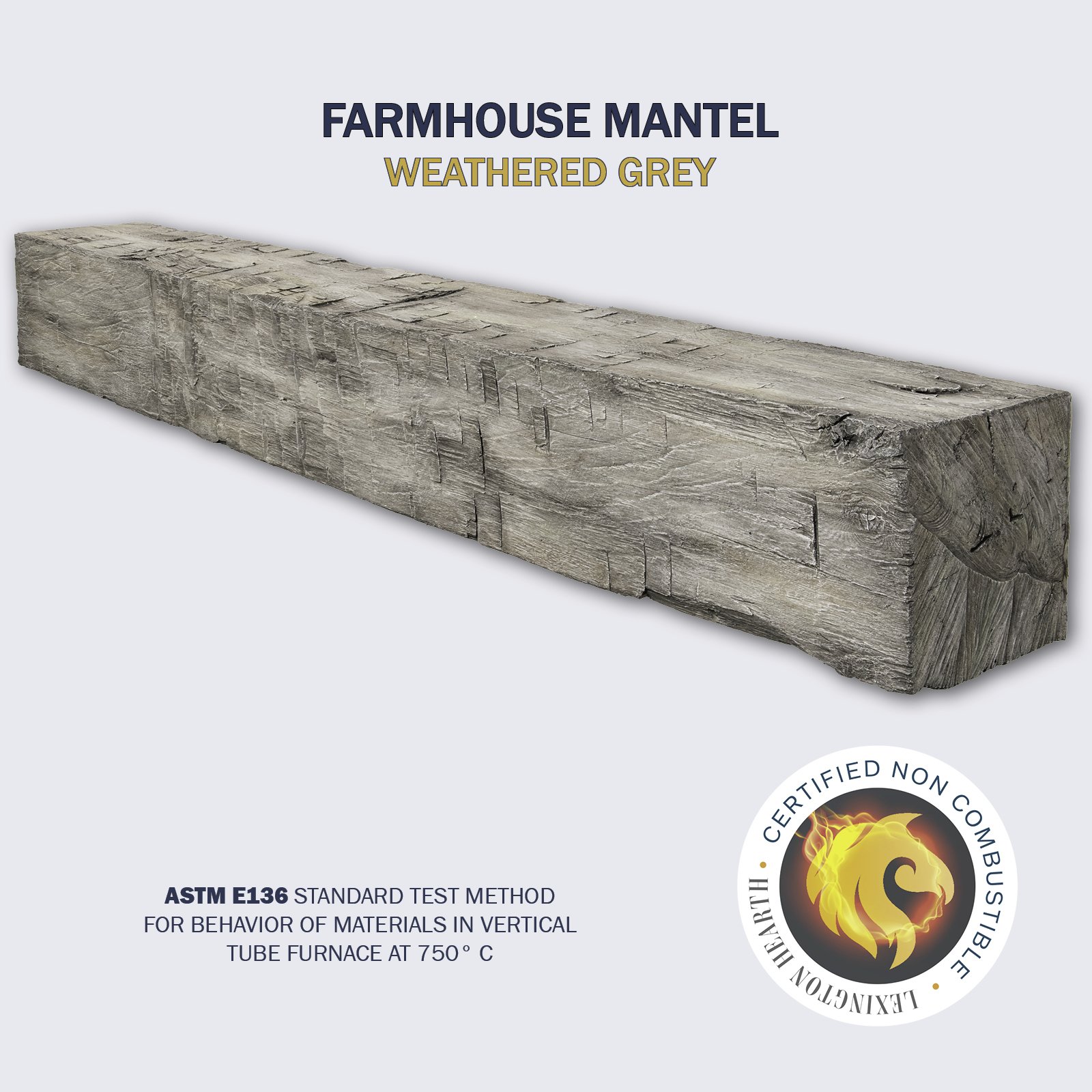 The Farmhouse noncombustible is our larges mantel. This barnwood mantel is perfect for lager residential and commercial applications. Shown in Weathered Grey