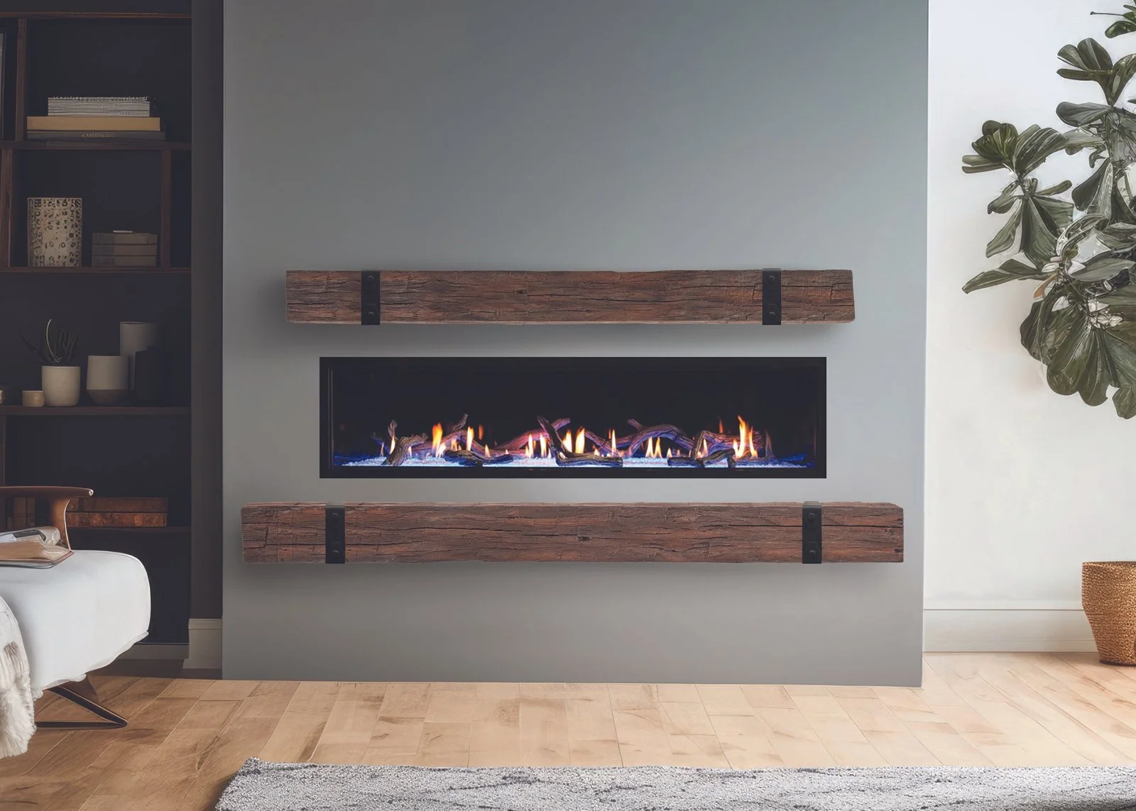 Tobacco Barn Rustic Mantel Floating Hearth Combination Shown with Twigs and Fire Glass form Enhance a Fire