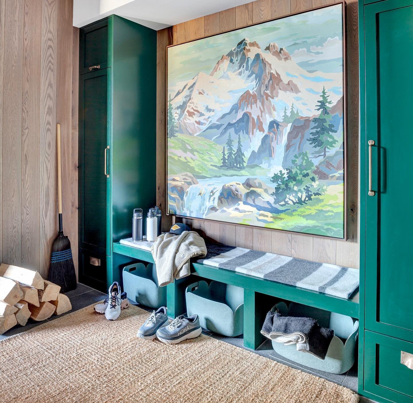 A lil&rsquo; muddy, a lil&rsquo; messy, and a lot marvelous .. fun #mudroom art hack.. find a vintage paint by number canvas and have it supersized at your local printer. Bonus points if the colors match the cabinets. #railicadesign #mudroom #bigsky 