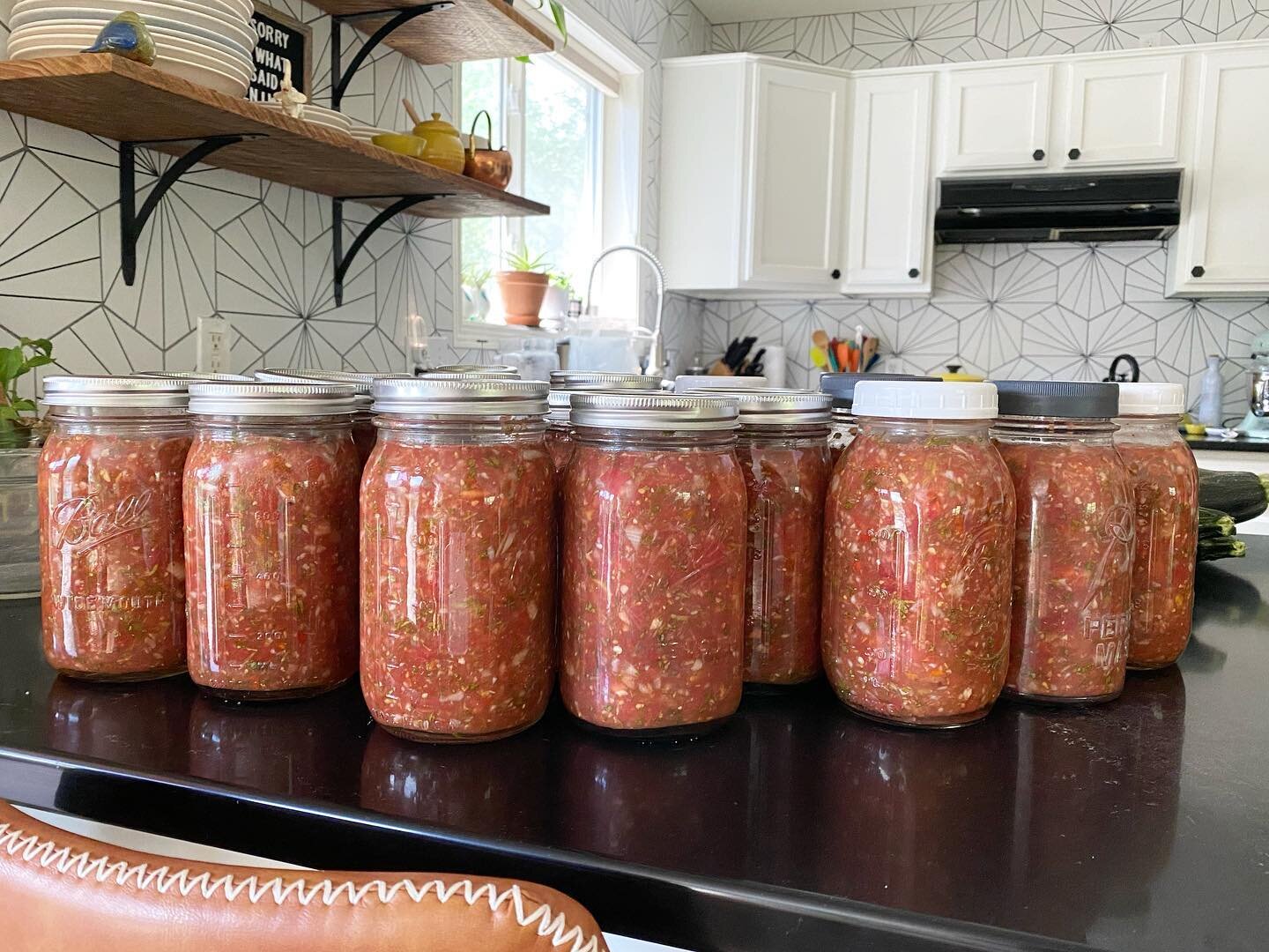 Now that&rsquo;s a lot of salsa! 💃🏻

5 gallons worth of it, to be exact.

And probably a second (smaller) batch of it to come!

This salsa is constructed of ingredients grown in our garden - Amish paste tomatoes 🍅(our favorite for sauce and salsa)