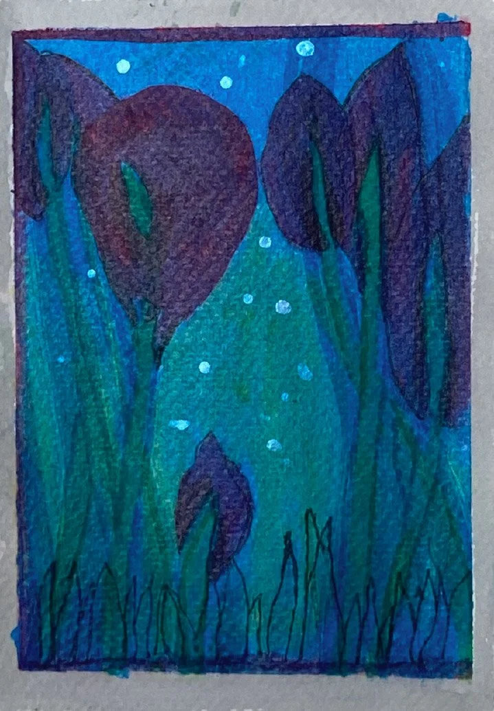 Colorful drawing of purple flowers with green stems, set against a blue background with small white dots resembling stars.