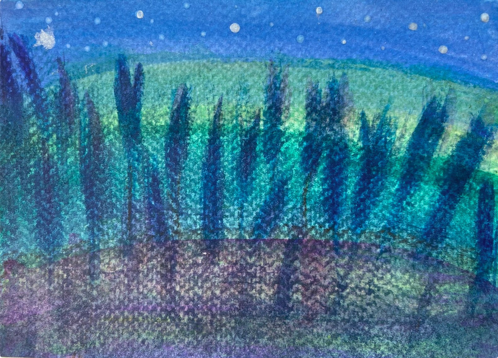 A landscape drawing created with colored pencils, featuring a green hill, blue sky with white snowflakes, and tall, narrow dark trees in the foreground.