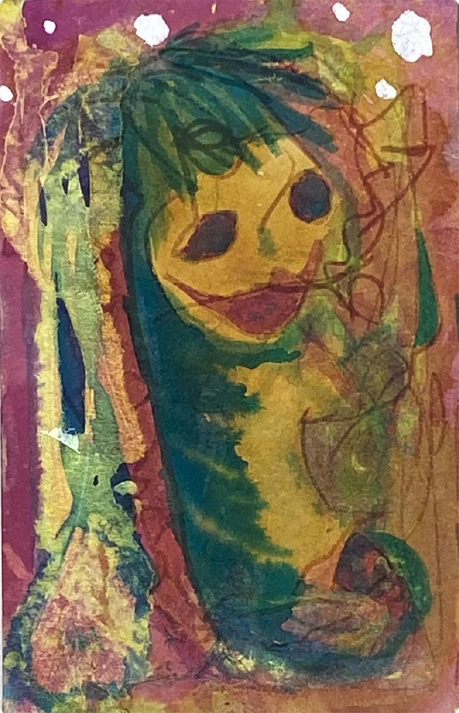 Colorful abstract drawing of a smiling figure with dark hair, black eyes, and a skateboard, surrounded by vibrant colors and patterns.