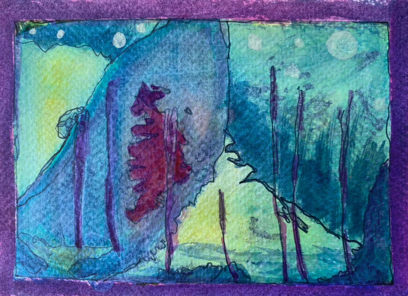 A colorful, abstract drawing of two faces in profile, one male and one female, about to kiss, with a background of various colors and shapes.