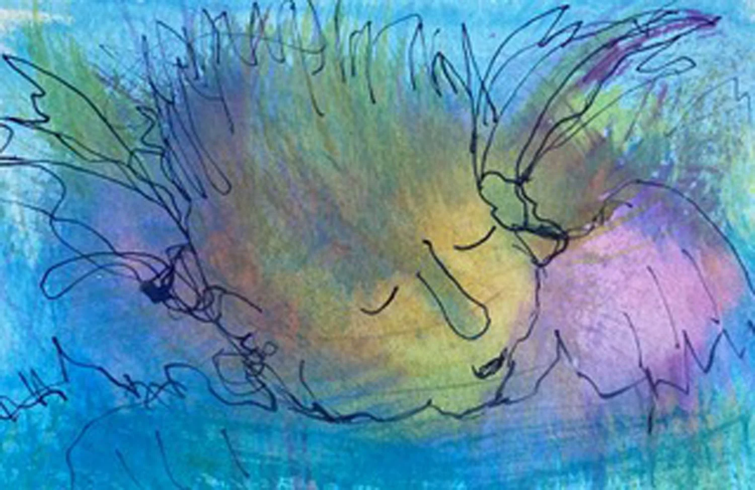 Colorful abstract drawing of a sleeping cherub with closed eyes, surrounded by pastel shades of pink, purple, yellow, and blue.