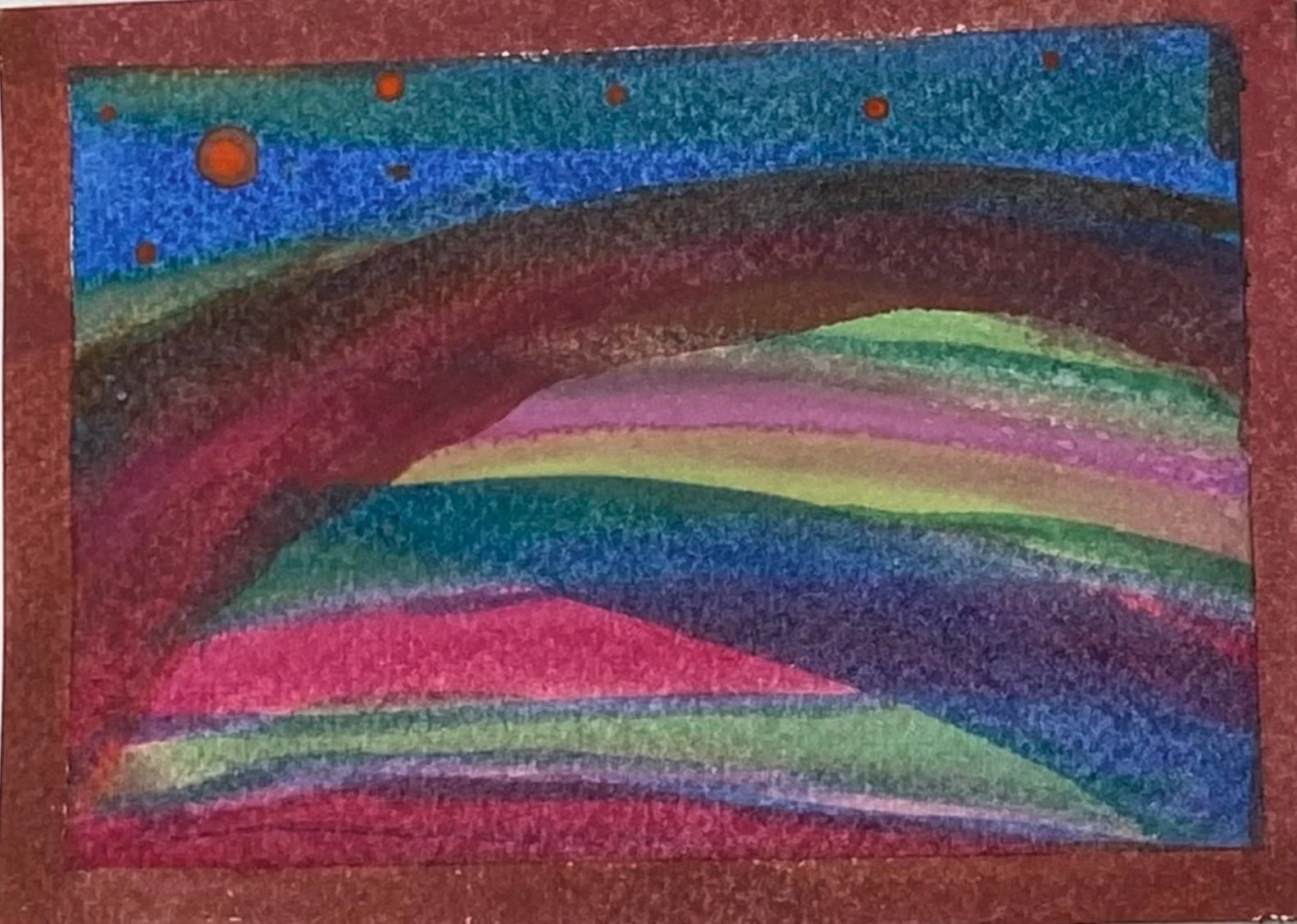 Abstract colorful drawing with rainbow-like arcs on textured watercolor paper.