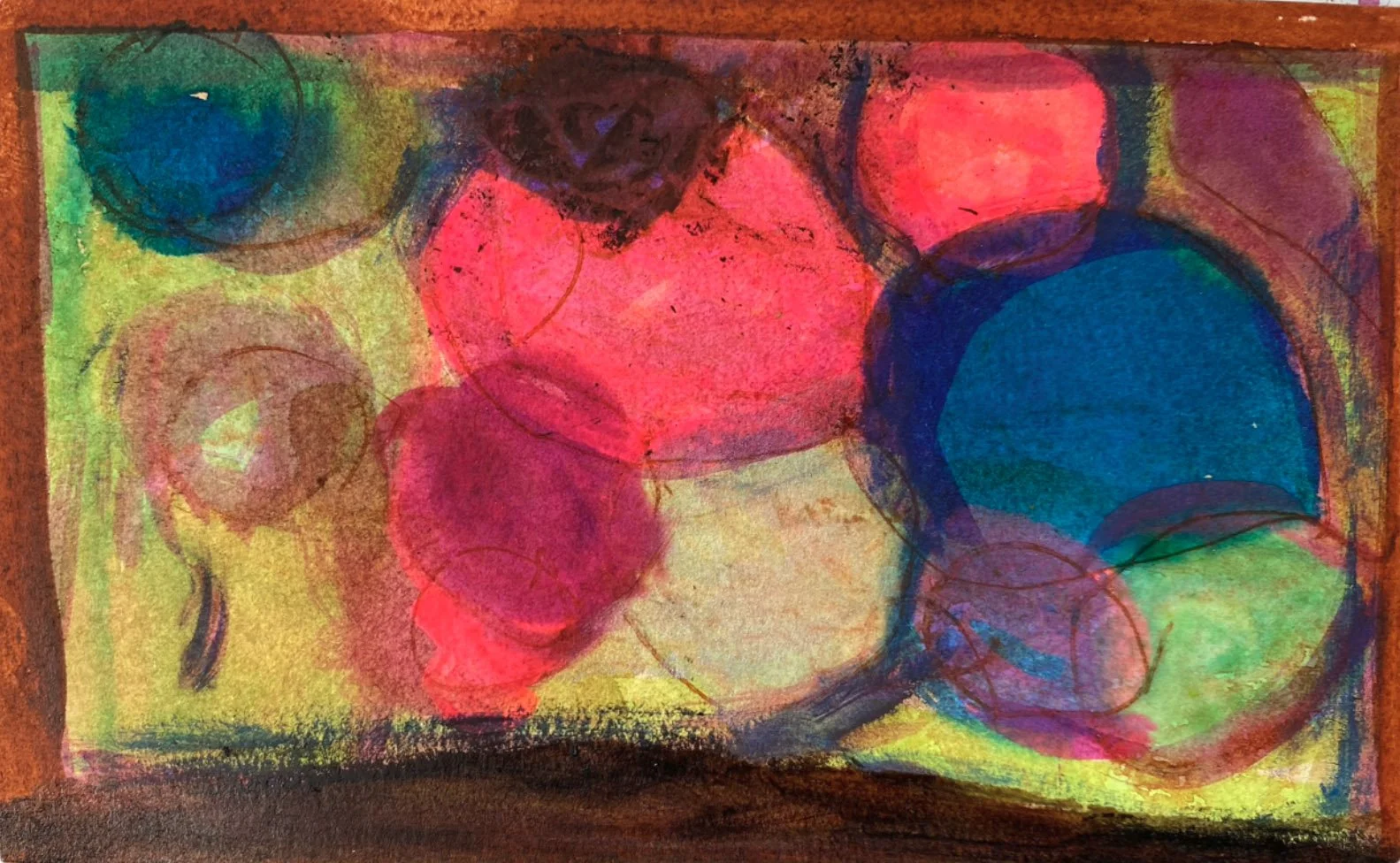 A colorful abstract painting with overlapping circles in shades of pink, blue, green, and purple on a yellow background, framed with a brown border.