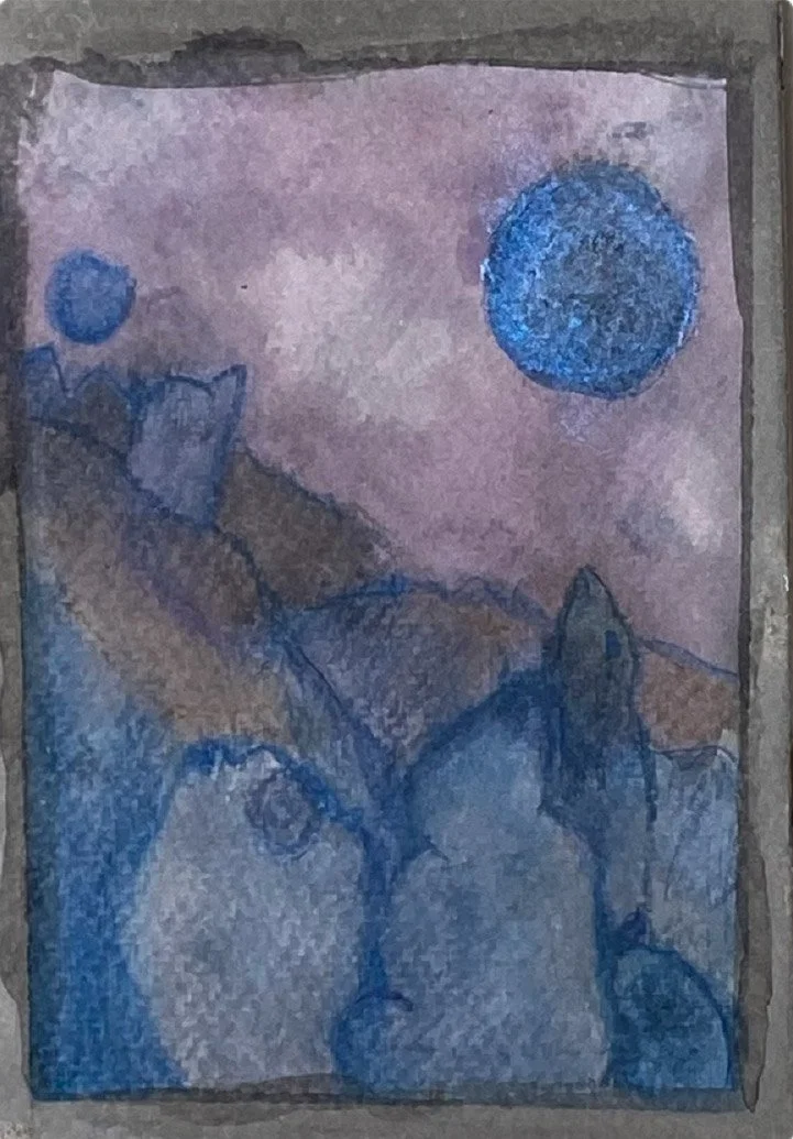 Watercolor painting of a mountainous landscape with a large blue moon in the sky and an abstract figure in the foreground.