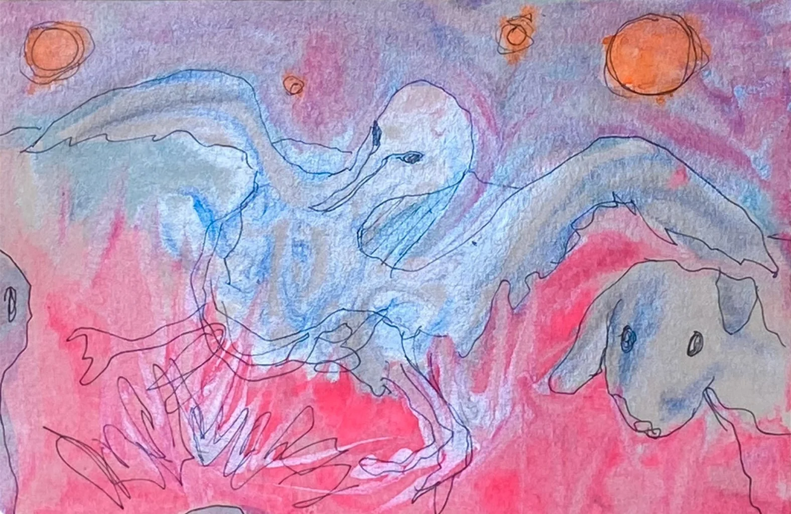Child's abstract drawing of a dinosaur with blue outlines and pink, purple, and red background, featuring three orange circles representing the sun or planets.