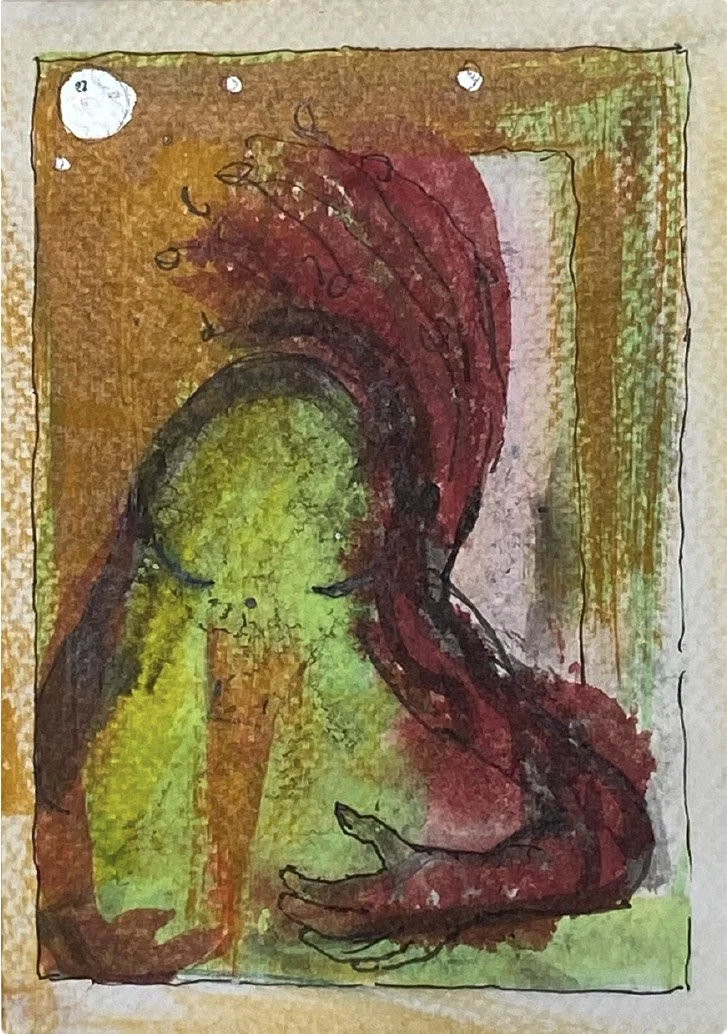 Watercolor painting of a woman with long red hair, sitting with her head bowed and eyes closed, holding her hands in front of her, surrounded by green, yellow, and brown colors.