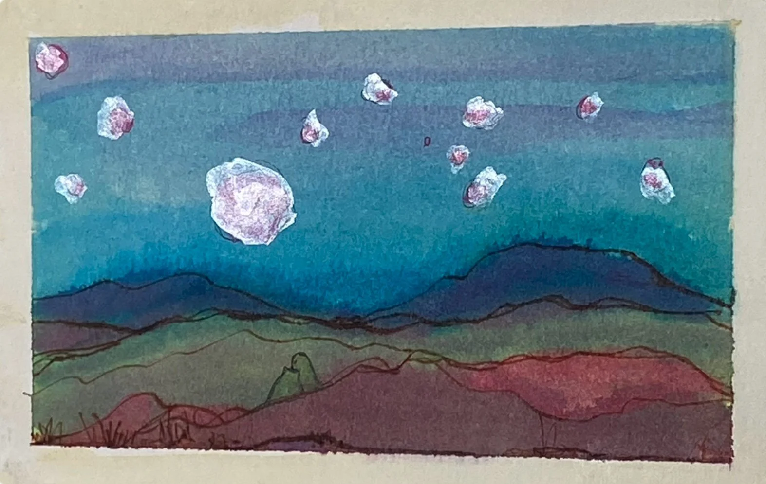 Watercolor painting of a landscape with mountains and scattered clouds at dusk or dawn.