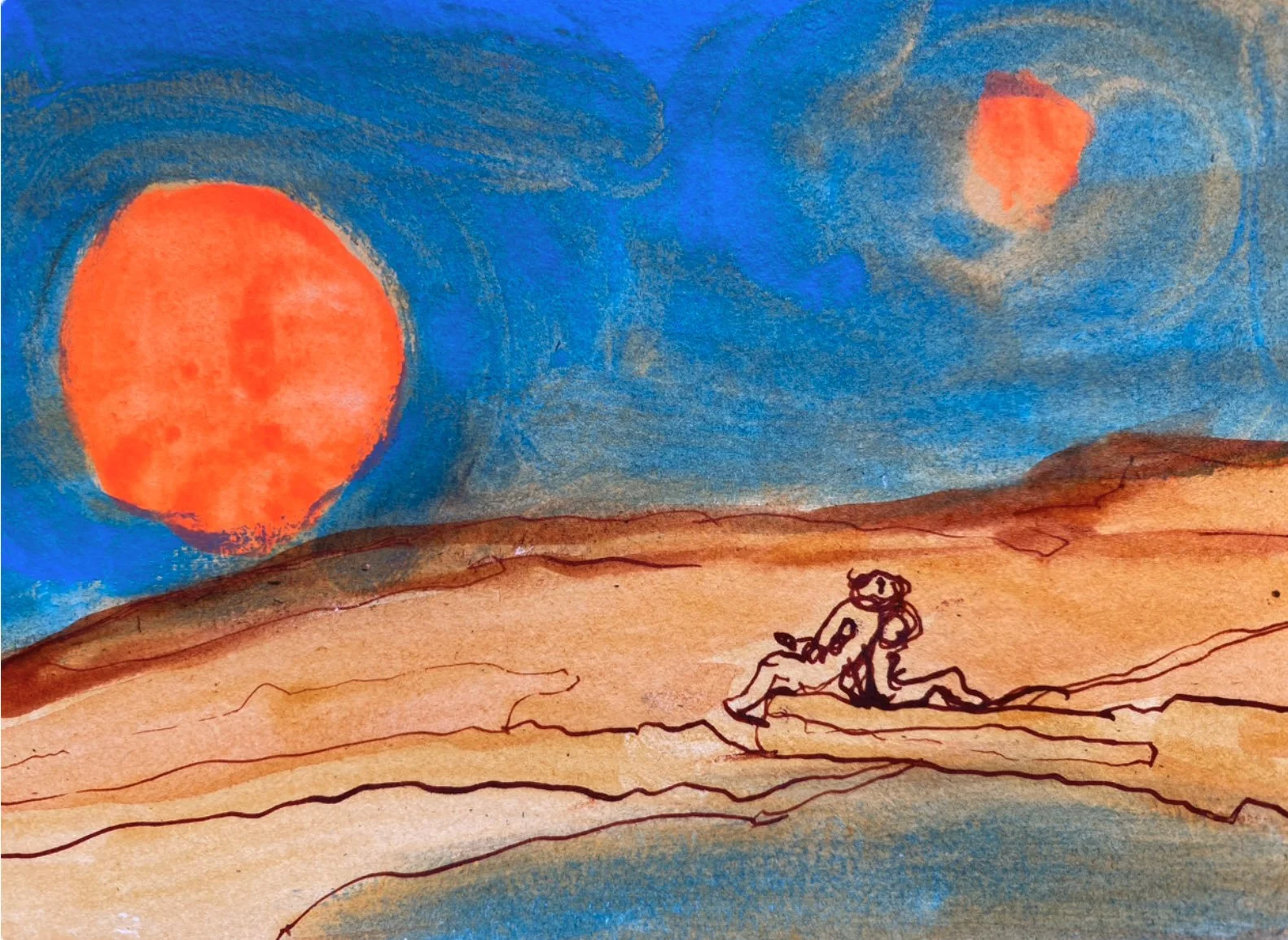 A watercolor painting of a desert landscape featuring a large orange sun in the sky, a smaller moon or planet, and a person sitting on the ground near some rocks, with a blue sky overhead.