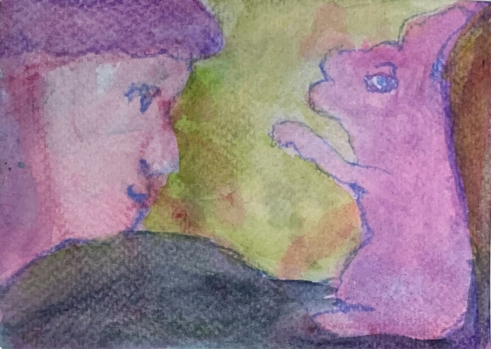 A pink-colored woman facing a pink bunny-horse in watercolor paint.