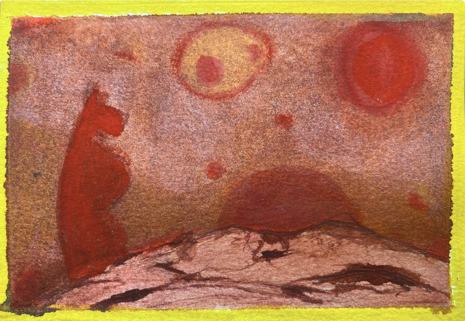 This is an abstract drawing with a yellow border, a reddish-brown background, and various circular and irregular shapes in shades of red and yellow. There are also some darker lines and shading near the bottom.