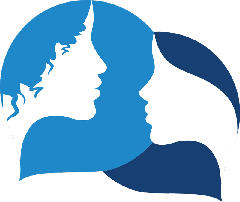 Silhouette of two women facing each other in profile within overlapping circular shapes, mainly in shades of blue and white.
