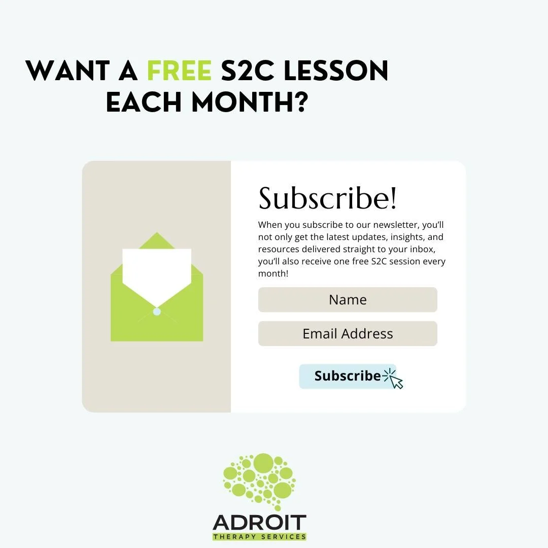 Want a FREE S2C lesson in your inbox every month?📬 

Subscribe to our newsletter for monthly lessons, resources, and exclusive updates from the Adroit team!

➡️ Sign up today: https://www.adroittherapyservices.com/

#S2C #SpellingToCommunicate #Adro