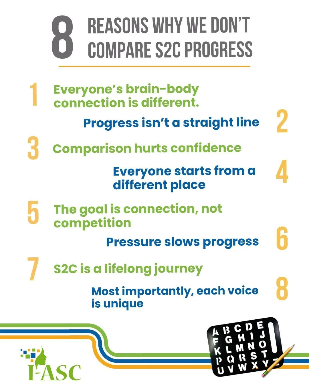 From I-ASC: Spelling to Communicate (S2C) is personal. Every journey is unique. When a nonspeaking person learns to spell, they&rsquo;re unlocking access to share their voice. That&rsquo;s why comparison has no place in this process. Melody Bjorkman 