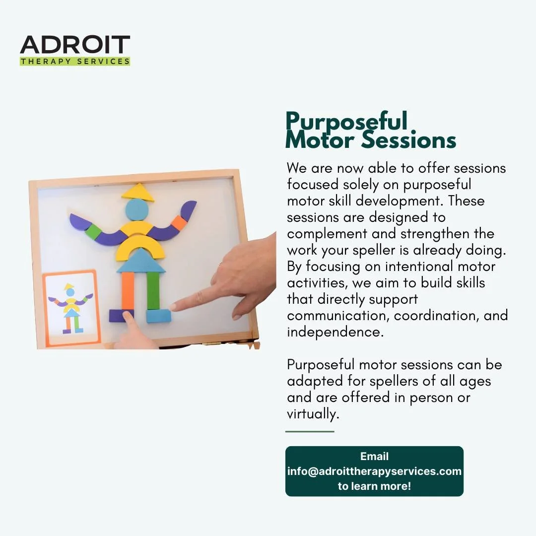 ✨ New at Adroit Therapy! ✨

We&rsquo;re excited to now offer Purposeful Motor Sessions, sessions focused solely on intentional motor skill development to strengthen communication, coordination, and independence.

These one-on-one sessions with an occ