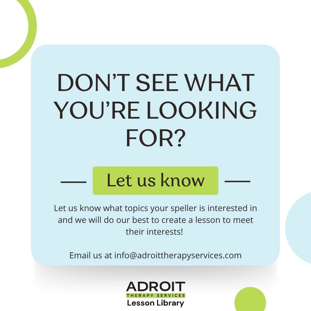 Got a topic in mind? We want to hear it! 💡💬

Our Lesson Library is always growing and the some of the best lesson ideas come from spellers themselves. If your speller has a special interest or subject they&rsquo;d like to explore, let us know! 

Em