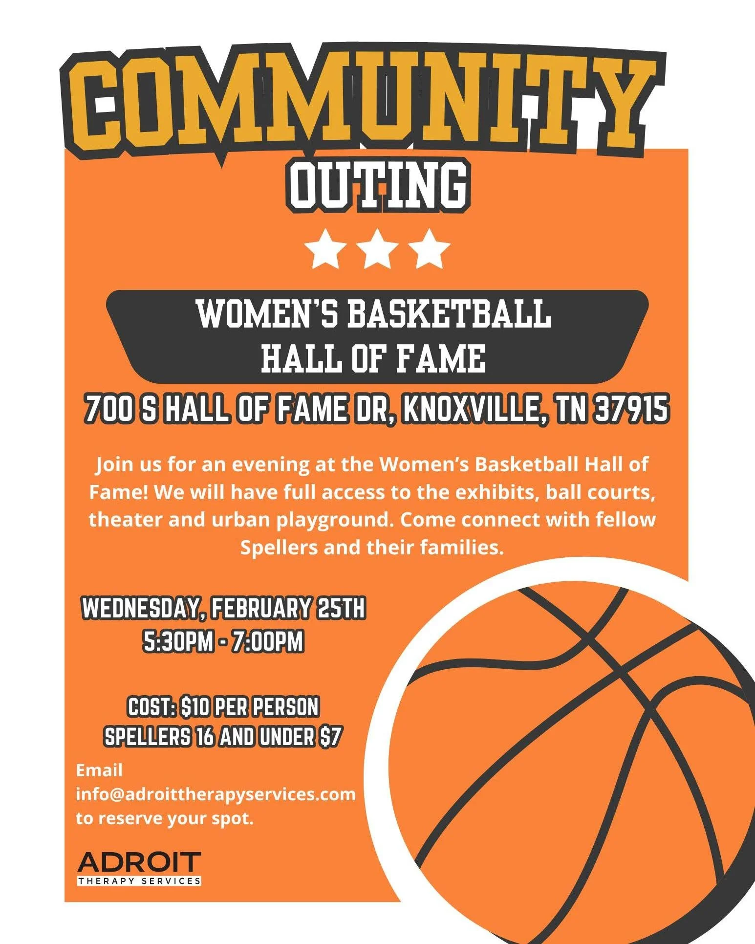 🏀 February Community Outing 🏀

We&rsquo;re excited to head to the Women&rsquo;s Basketball Hall of Fame for our upcoming community outing!  Attendees will have full access to the exhibits, ball courts, theater, and urban playground. We hope you can