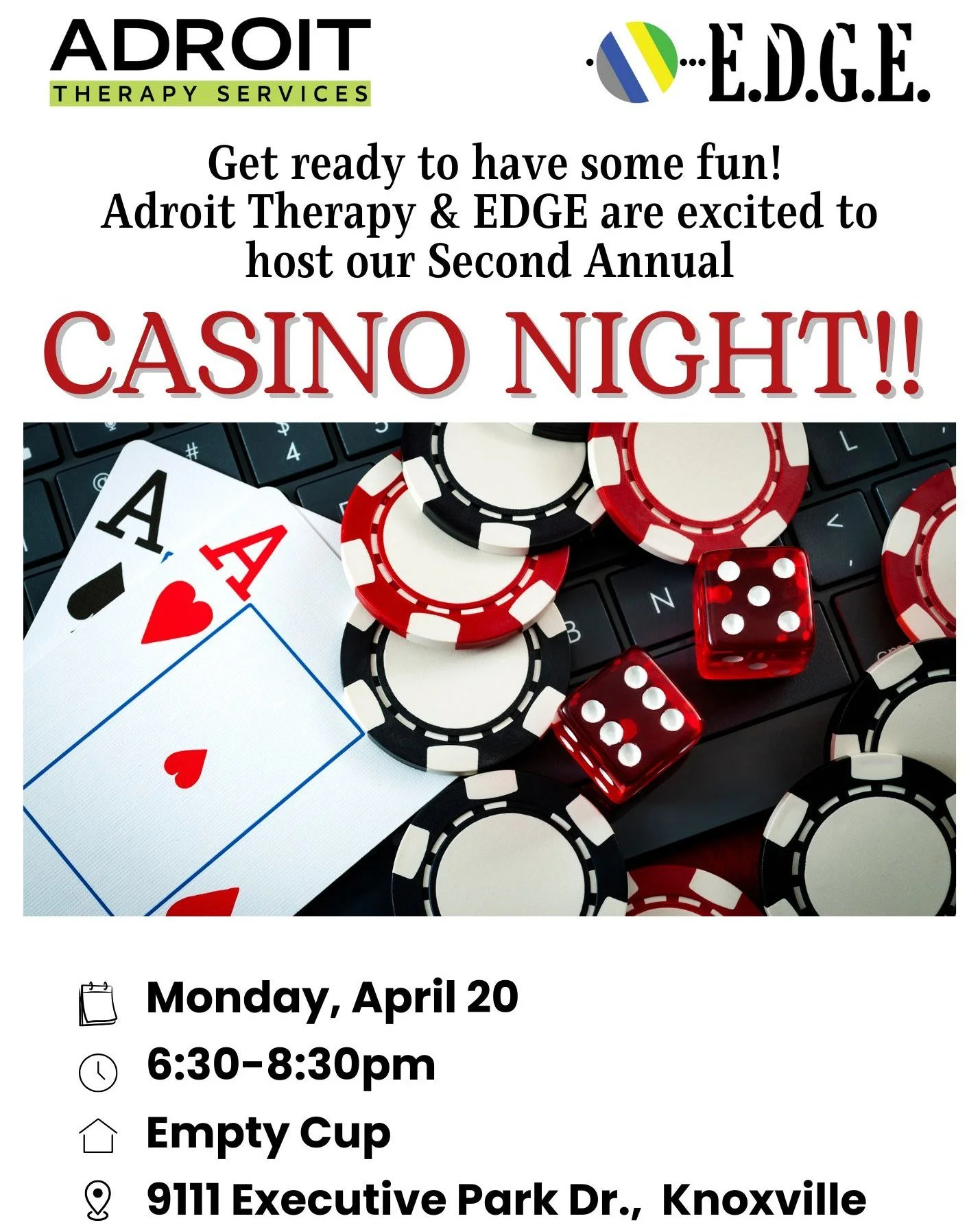 We are excited to announce that our second annual Casino Night with EDGE will be happening on Monday, April 20th, from 6:30 - 8:30 PM at the Empty Cup! 

Join us for a fun, low-stakes evening featuring Blackjack, Roulette, Craps, and Baccarat! We wil