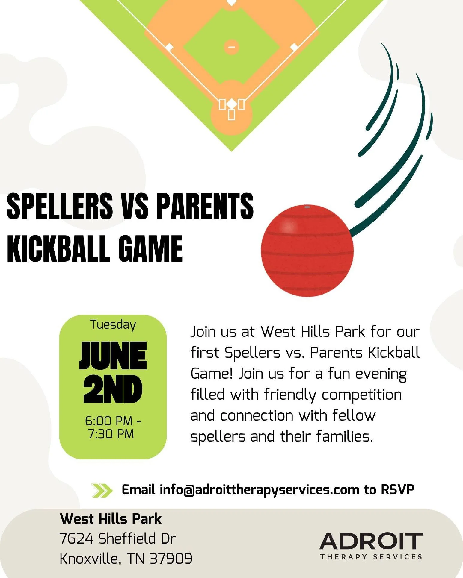 Spellers vs. Parents Kickball Game!

Join us for our first-ever Spellers vs. Parents Kickball Game at West Hills Park! This will be a fun evening of movement, connection, and a little friendly competition!

📍 West Hills Park (Field 1)
📅 Tuesday, Ju