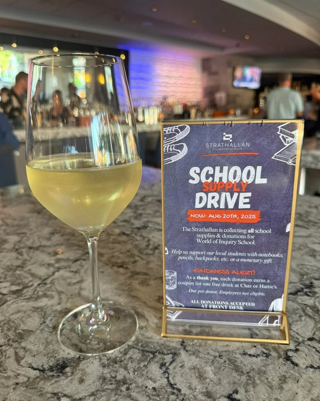 The Strathallan is still collecting all school supplies and donations for the World of Inquiry School. Help us support our local students with notebooks, pencils, backpacks, or a monetary gift. As a thank you, each donation earns a coupon for one fre