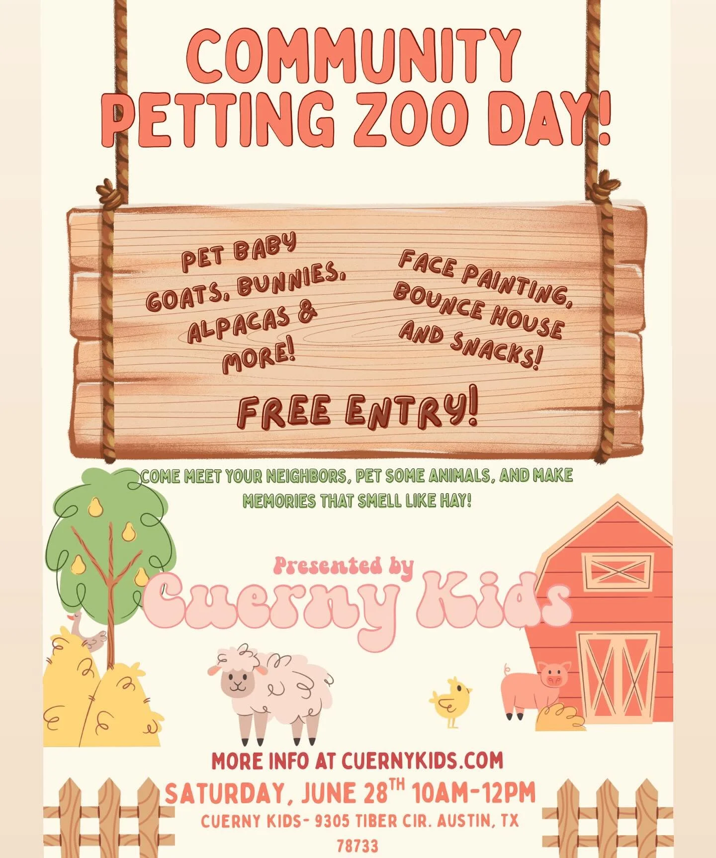 🐐🎉 We&rsquo;re throwing a neighborhood party &mdash; and you&rsquo;re invited! 🎉🐰 Join us for Cuerny Kids&rsquo; Community Petting Zoo Day on Saturday, June 28th from 10AM&ndash;12PM right here at 9305 Tiber Cir. 

Come pet baby animals (yes, eve